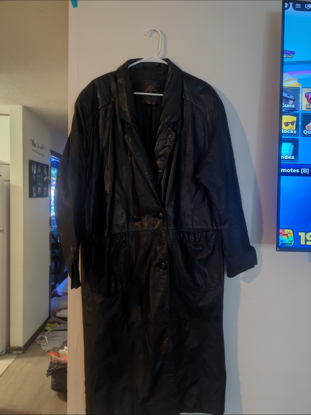 Black Long Leather Trench Coat M